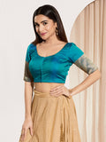 Joban Fashion Fire Blue Taffeta Silk Padded Blouse With Round Neck Elbow Sleeves