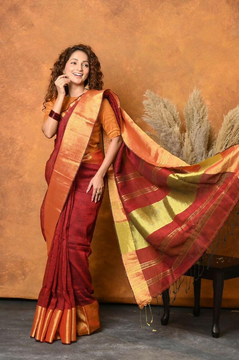 Very Much Indian Handloom Pure Cotton Linen Saree With Golden Border - Dark Maroon