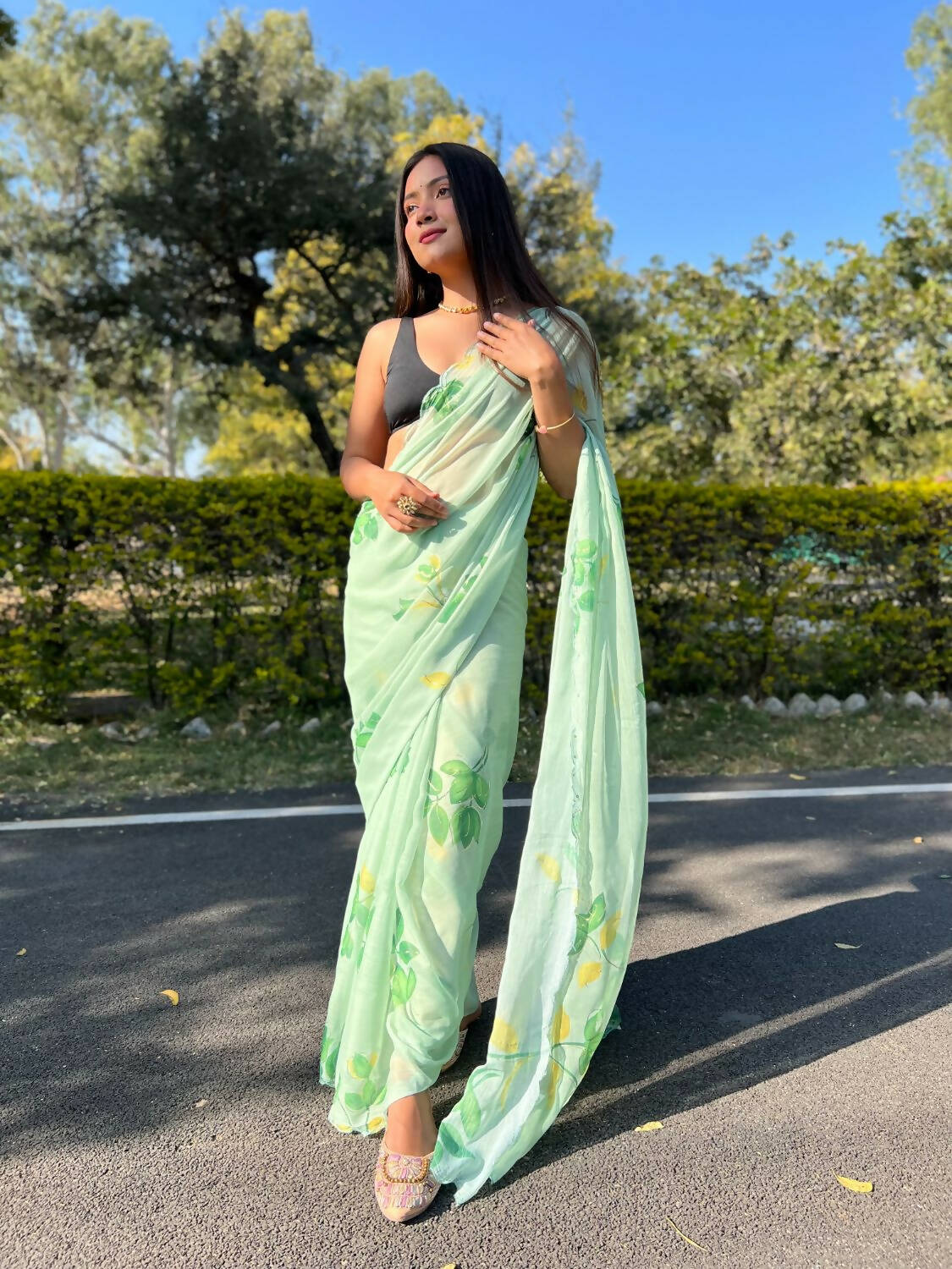 Vamsee Green Chiffon Designer Saree