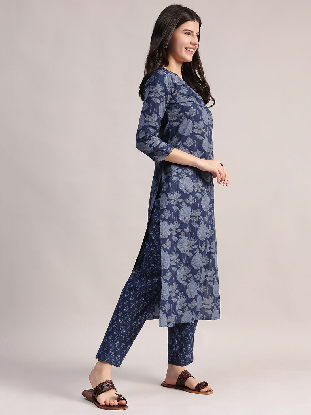 Aavyora Women's Floral Printed Indigo Blue Cotton Straight Kurta With Trouser & Dupatta