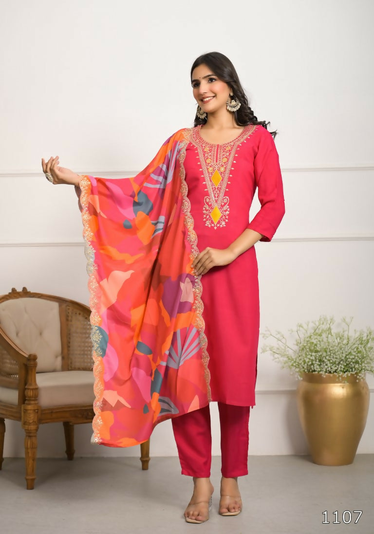 Festive Wear Ethnic Red silk viscose Stitched Suit With Dupatta - Tanisha