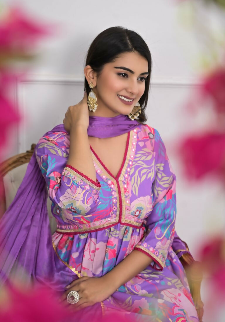 Lavender Muslin silk Embroidery with Thread and sequence Stitched Suit With Dupatta - Tanisha