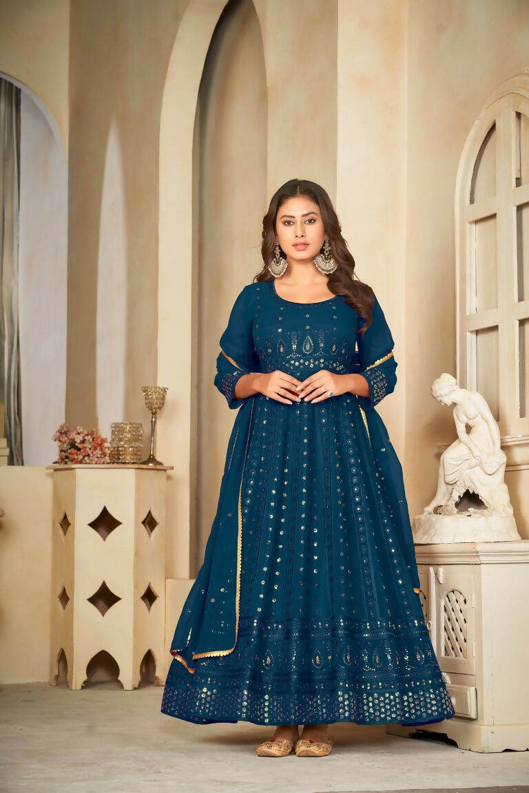 Jyoti Fashion Women's Rama Georgette Embroidered Anarkali Kurta Pant Set With Dupatta