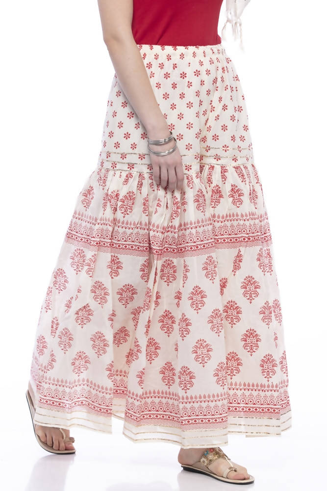 Mominos Fashion Cotton Block Print With Lace Work Off White Red Color Prints Palazzo