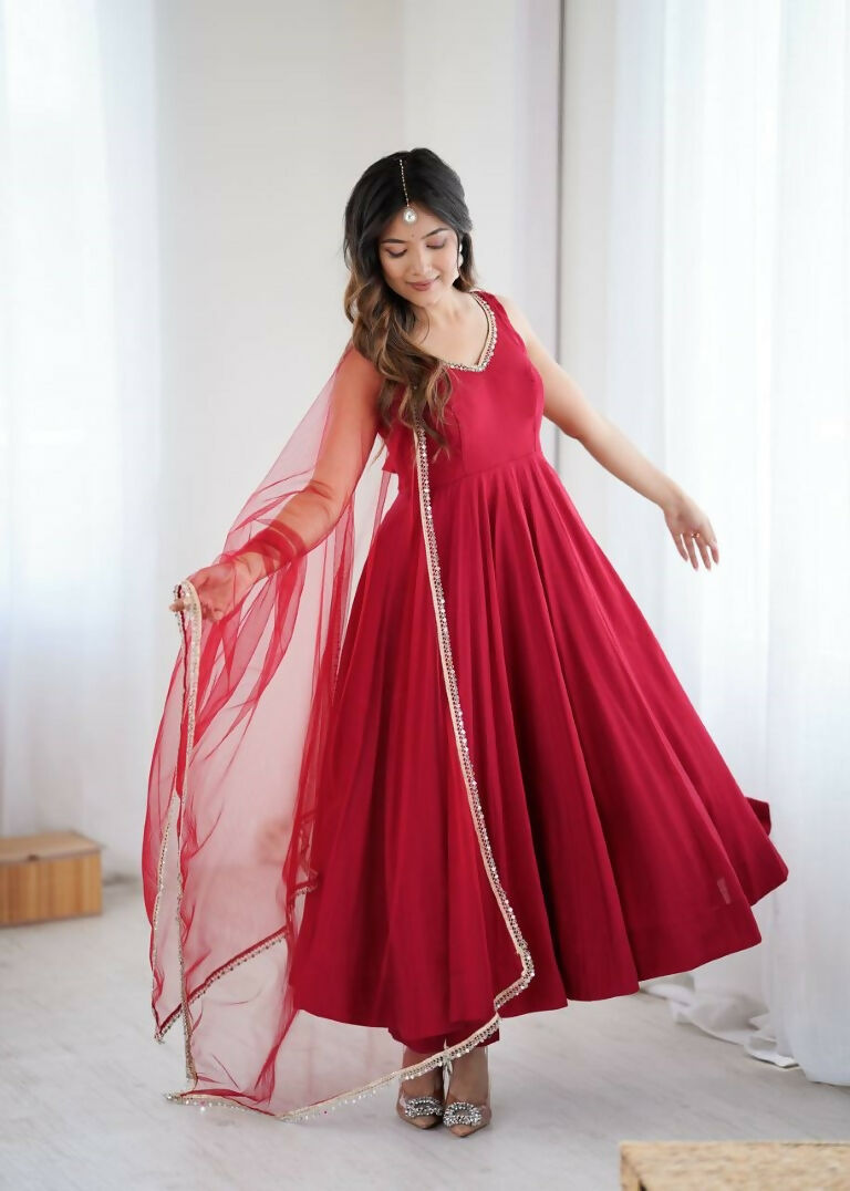 Teeya Creation Maroon Color Pure Roman Silk Mirror Lace Party Wear Gown