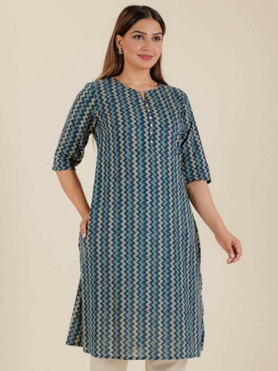 Aramya Blue Soft Cotton Chevron A-line Kurta for Women