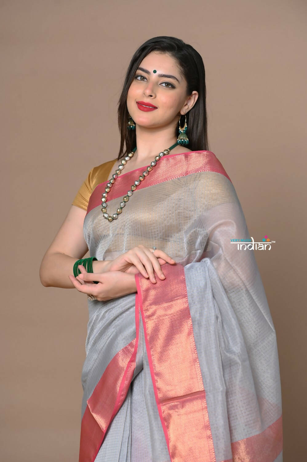 Very Much Indian Rajsi - Handloom Ari Checks Cotton Silk Saree With Golden Border - Grey