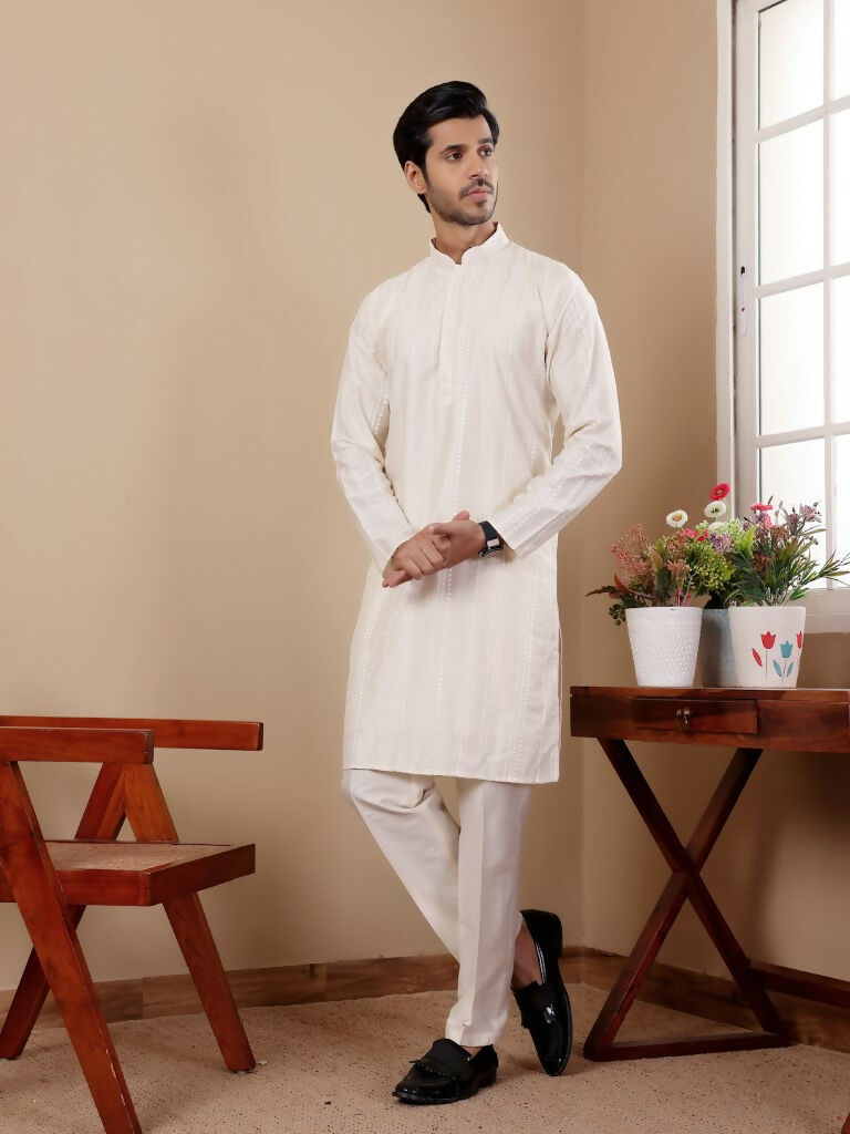 Off Whit Silk Designer Embroidery Work Men's Rajwadi Kurta Set - Mahotsav