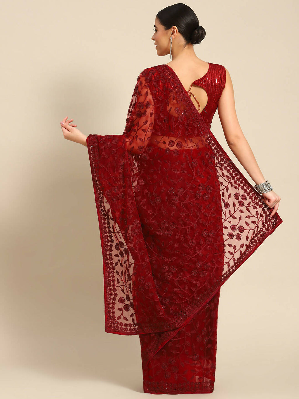 Maroon Woven Design Net Saree with Blouse Piece - Kalamkari