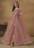 Pant Style Coral Pink Embroidered Net Wedding Anarkali Suit - Emponline