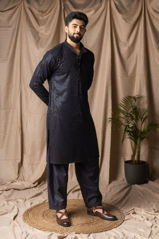 Black Rayon Thread Embroidery Work Kurta Set - Mahotsav