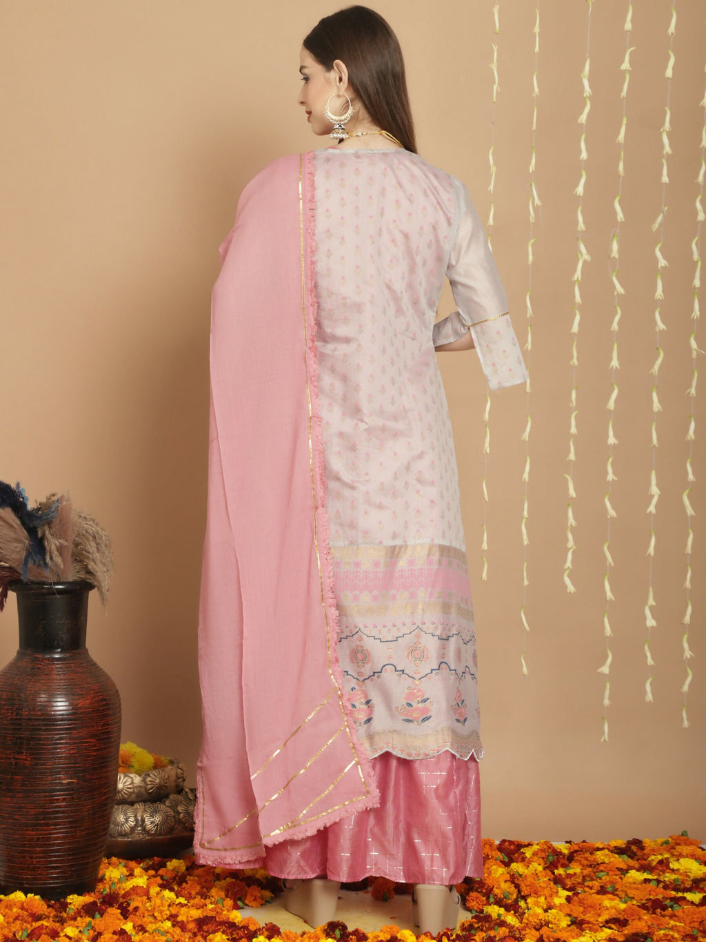 Jyoti Fashion Women's Grey Chanderi Silk Elegant Jardoshi Semi Kurta with Trouser & Dupatta