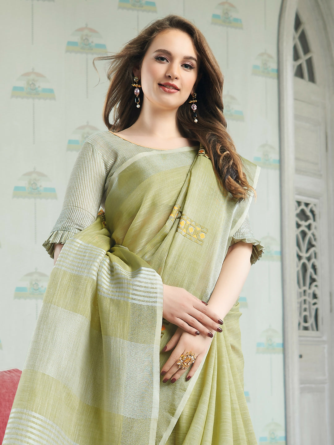Shree Shyam Fashion Linen Pista Green Saree
