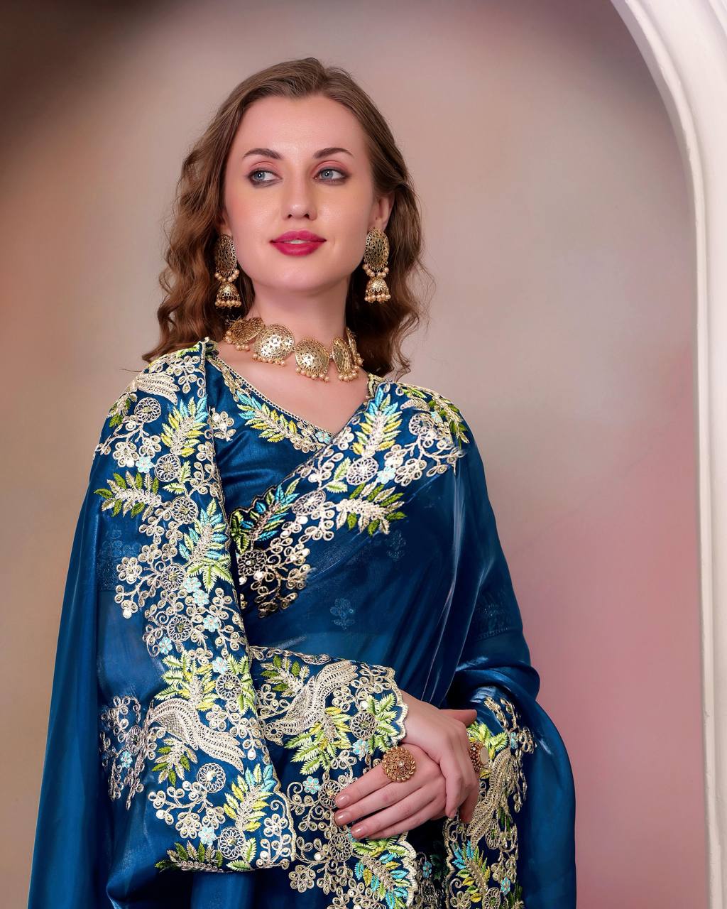 Teeya Creation Blue Color Zimichhu Silk Heavy Work Saree