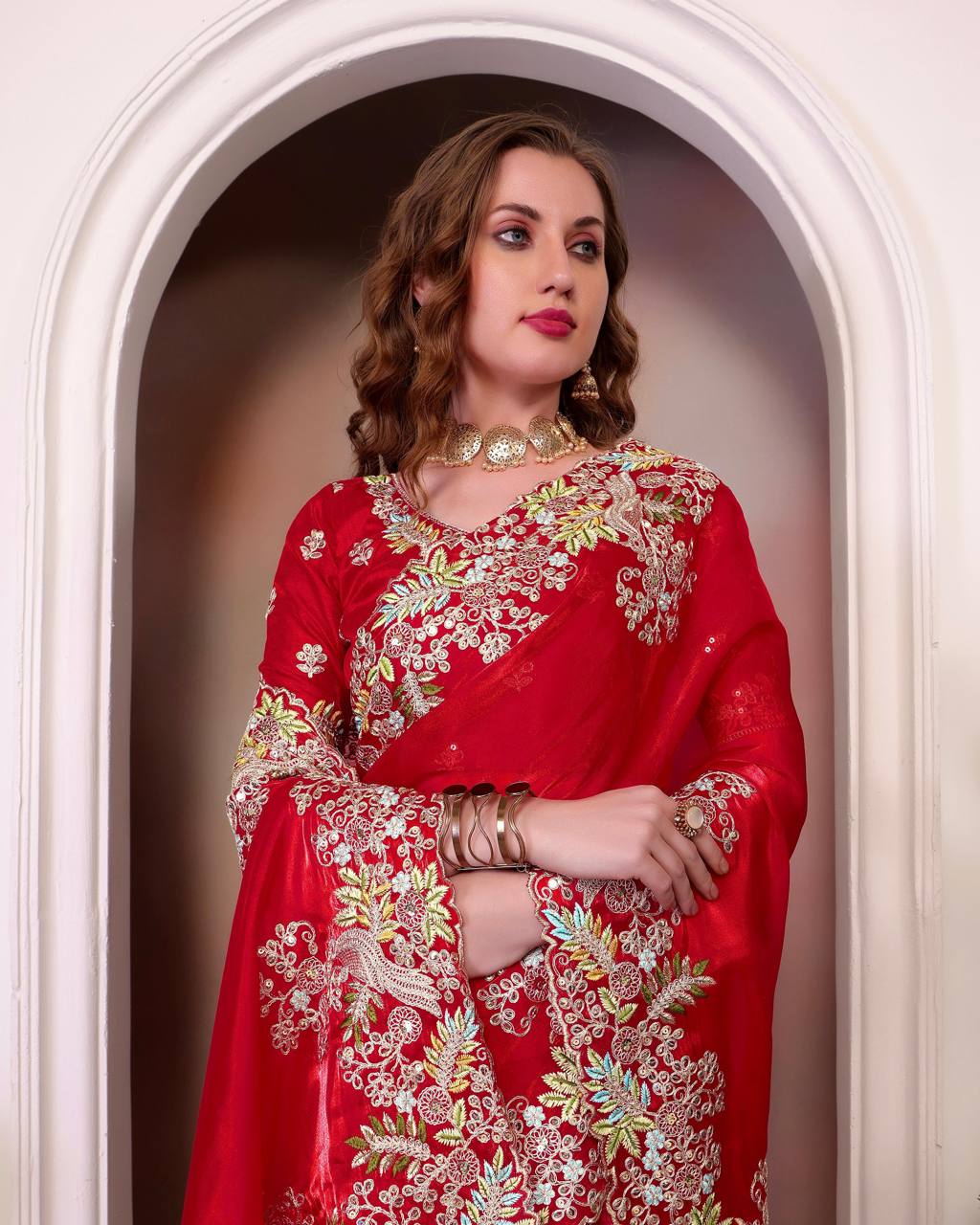 Teeya Creation Red Color Zimichhu Silk Heavy Work Saree