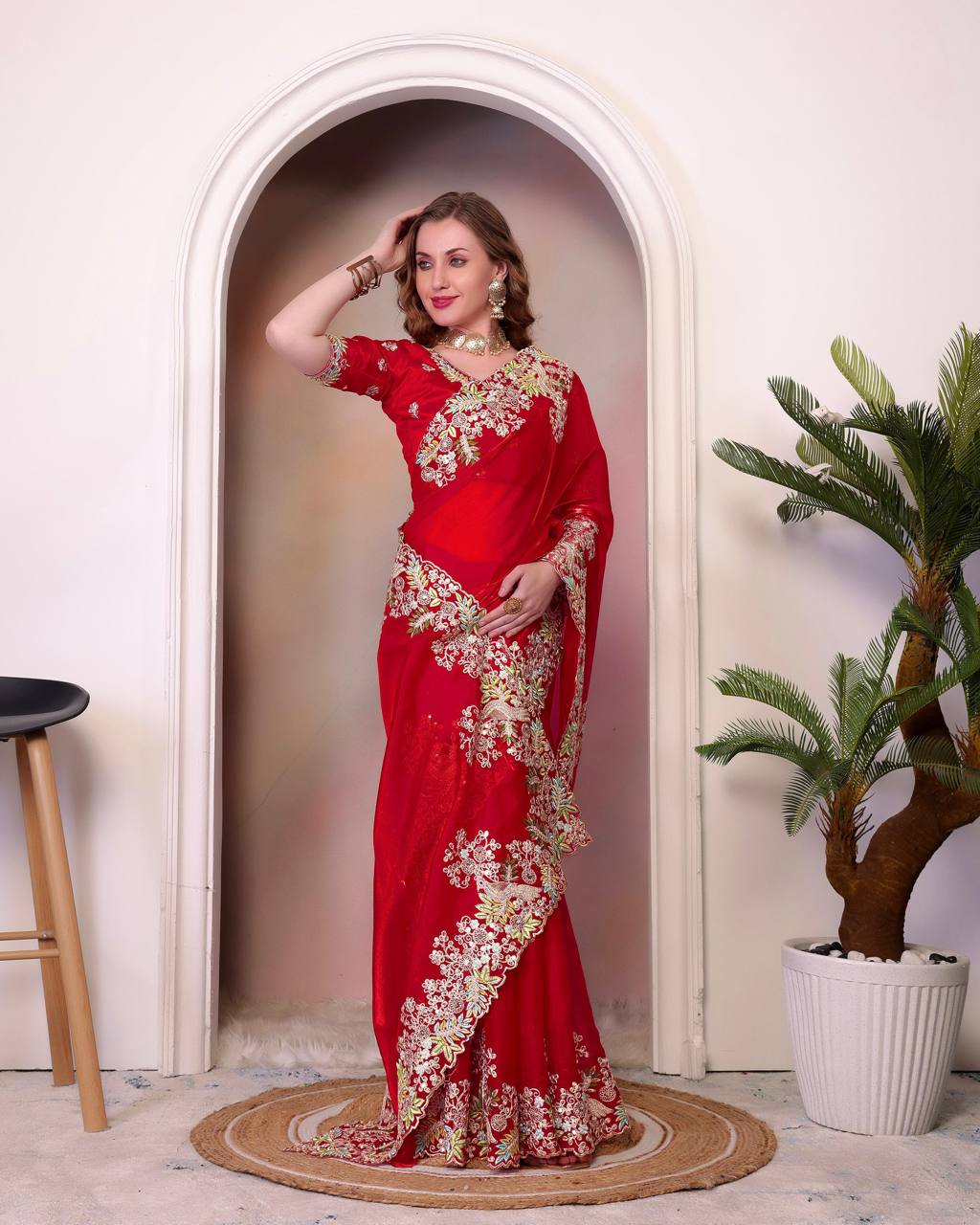 Teeya Creation Red Color Zimichhu Silk Heavy Work Saree