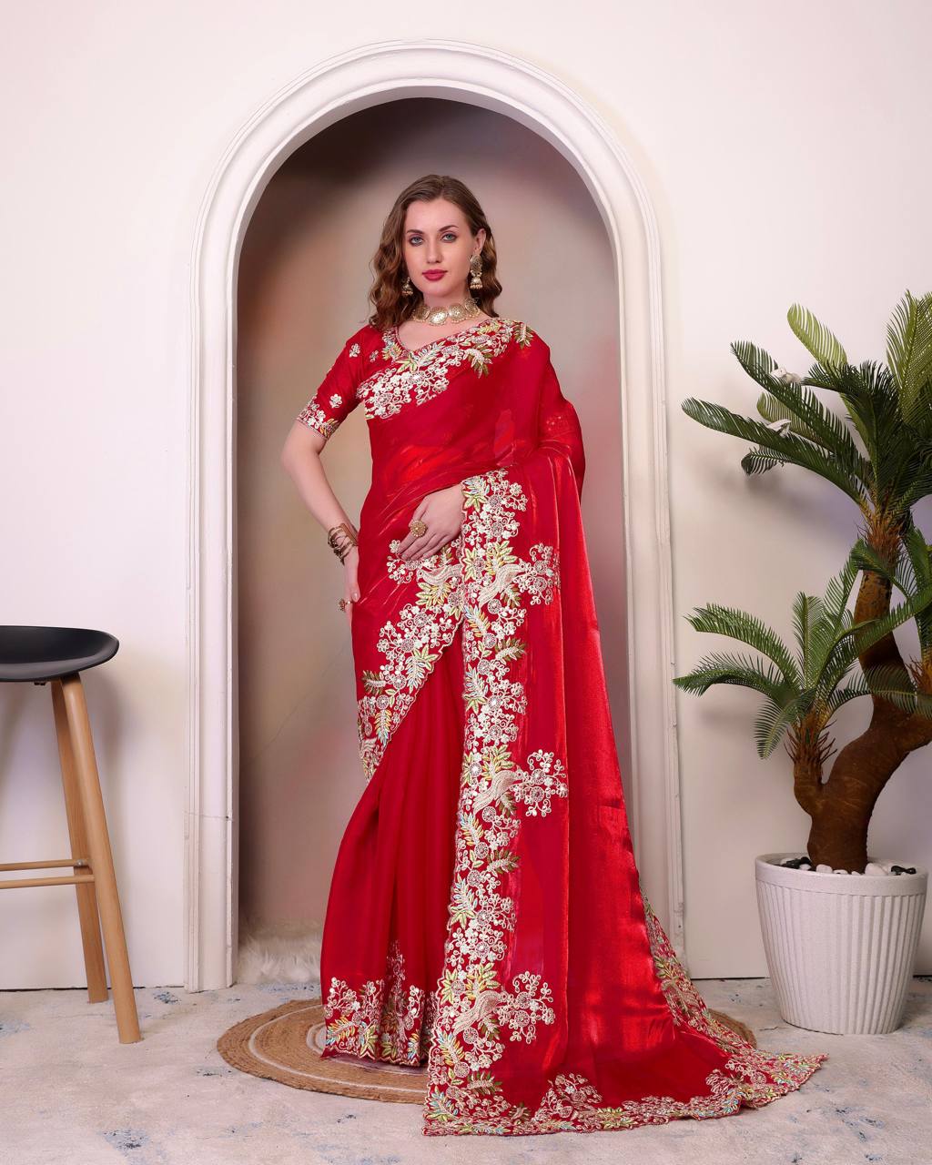 Teeya Creation Red Color Zimichhu Silk Heavy Work Saree