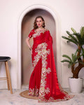 Teeya Creation Red Color Zimichhu Silk Heavy Work Saree