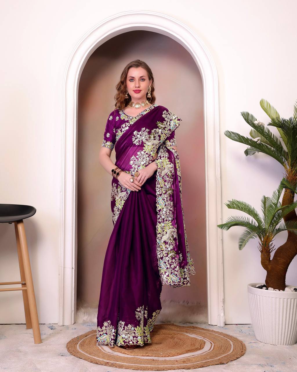 Teeya Creation Wine Color Zimichhu Silk Heavy Work Saree