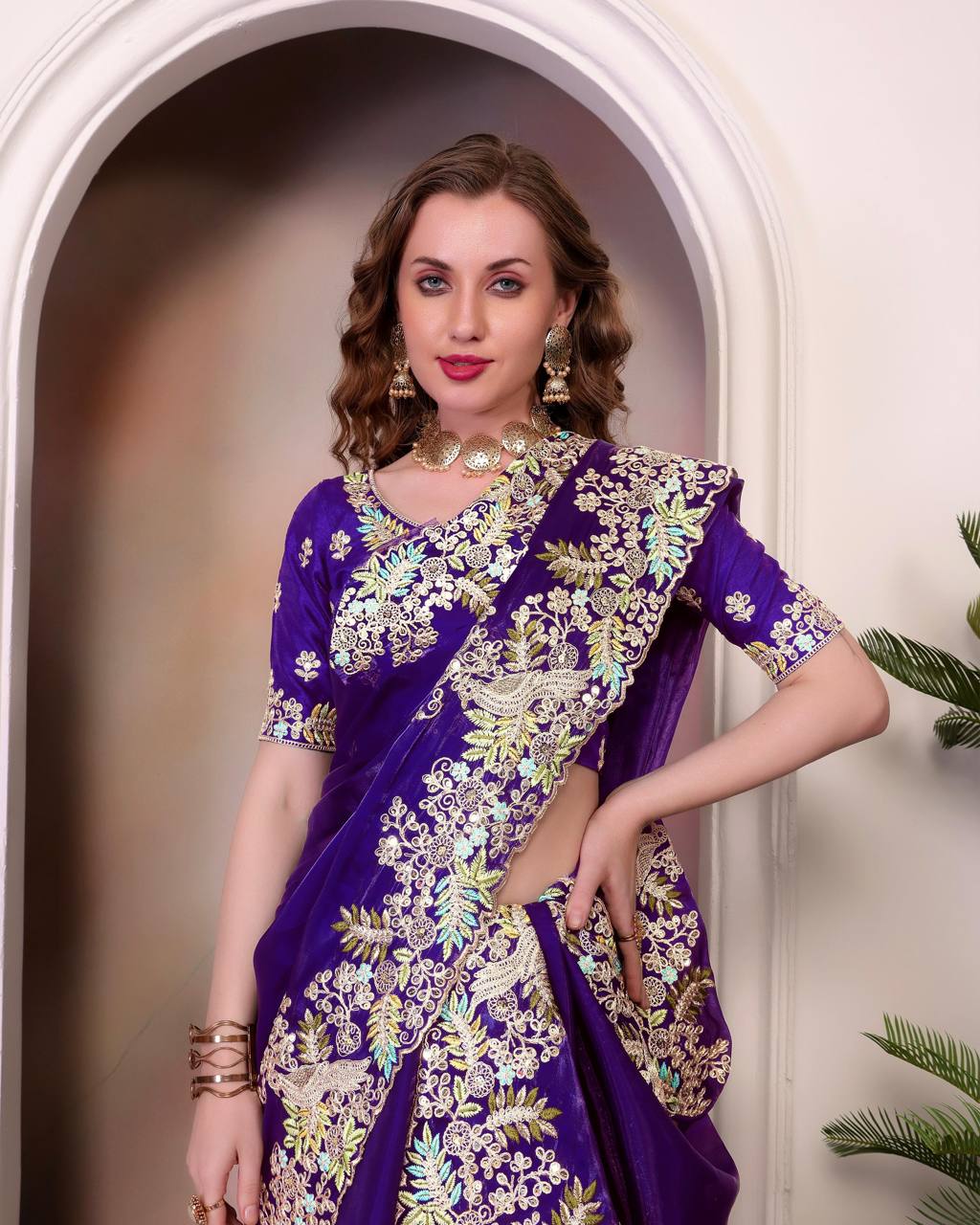 Teeya Creation Purple Color Zimichhu Silk Heavy Work Saree