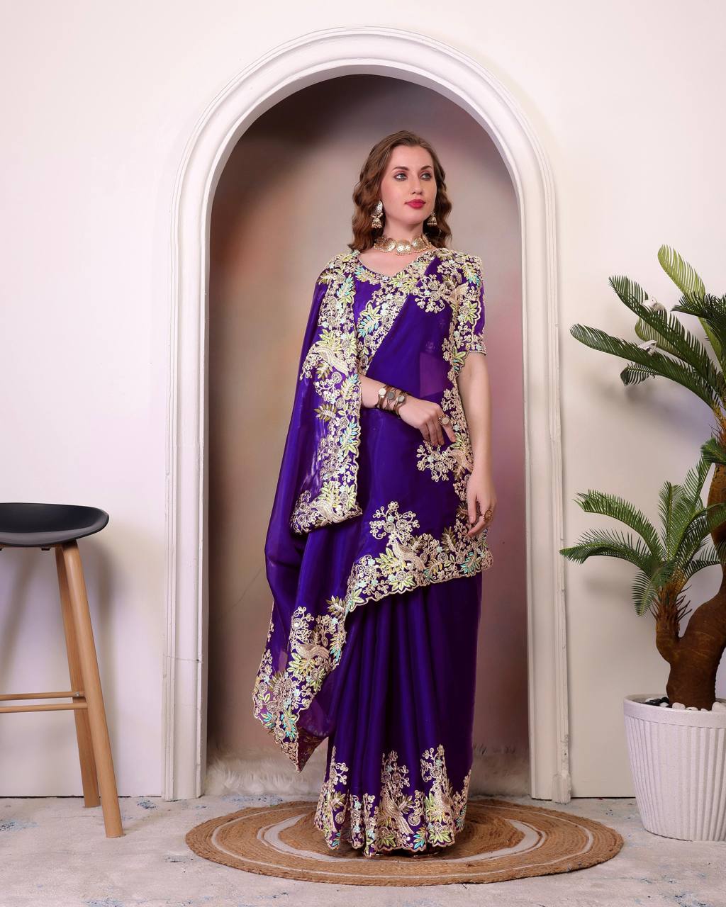 Teeya Creation Purple Color Zimichhu Silk Heavy Work Saree