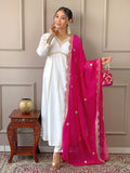 The52 Women's Gorgeous Embroidery Chandrei Fabric Straight Kurta, Pant and Dupatta Set