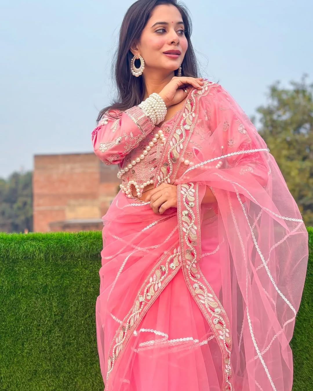 Teeya Creation Light Pink Color Net Fabric Pearl Work Heavy Embroidery Work Saree
