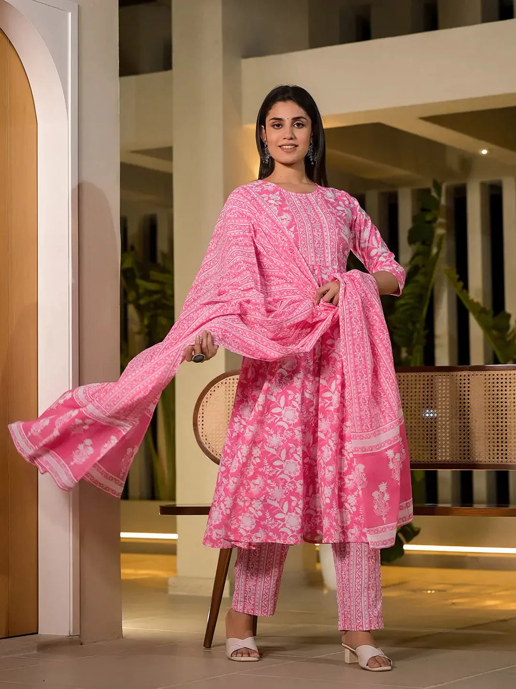Yufta Pink Cotton Anarkali Style Sequins_Work Kurta With Trousers And Dupatta Set