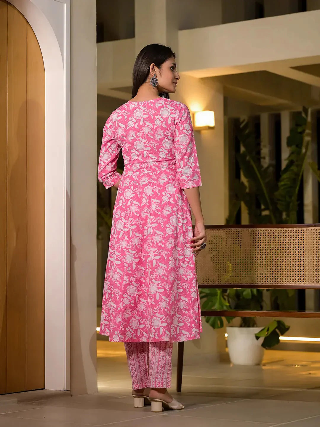 Yufta Pink Cotton Anarkali Style Sequins_Work Kurta With Trousers And Dupatta Set