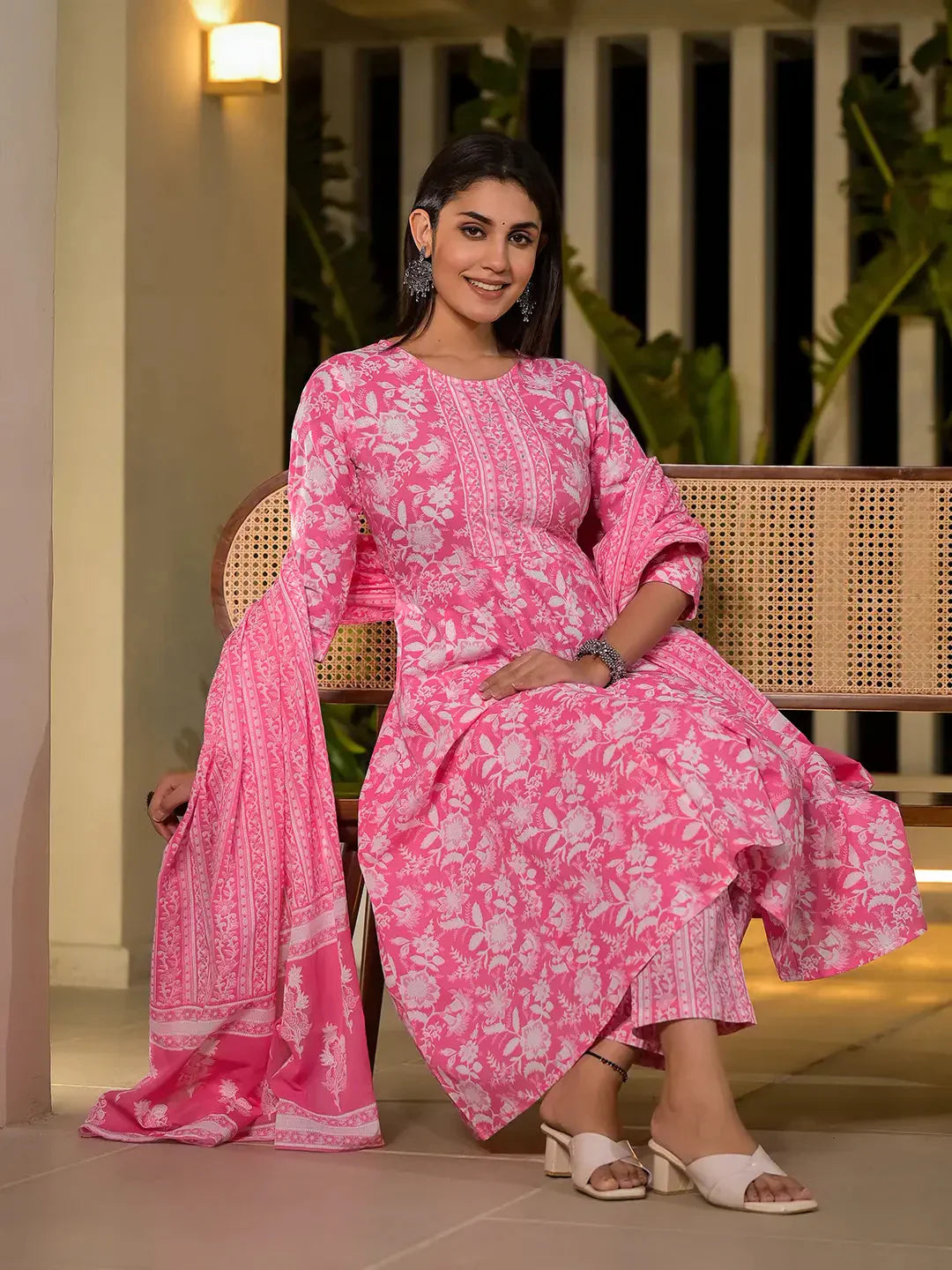 Yufta Pink Cotton Anarkali Style Sequins_Work Kurta With Trousers And Dupatta Set
