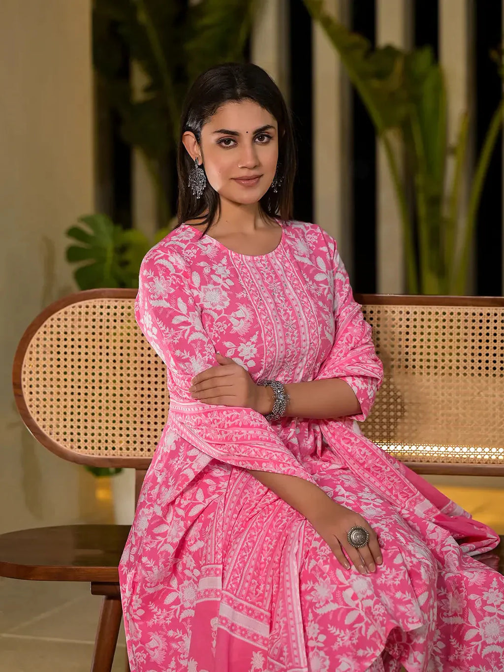 Yufta Pink Cotton Anarkali Style Sequins_Work Kurta With Trousers And Dupatta Set