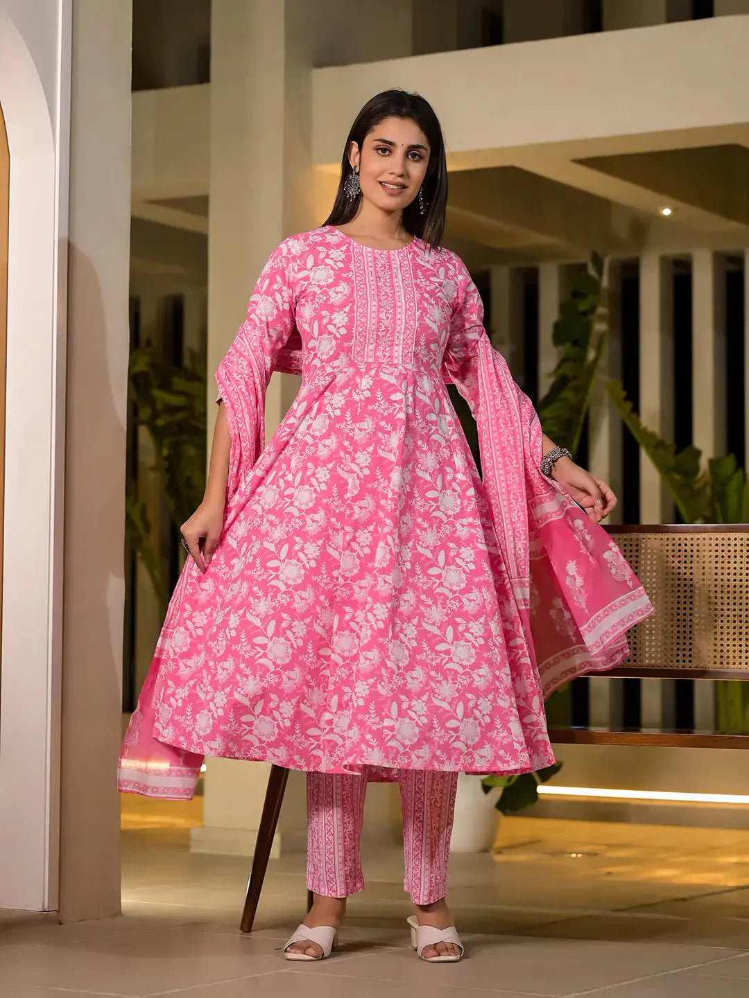 Yufta Pink Cotton Anarkali Style Sequins_Work Kurta With Trousers And Dupatta Set