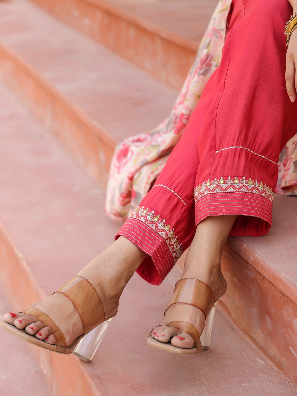 Yufta Pink Embroidered shrug Crop top co ord set
