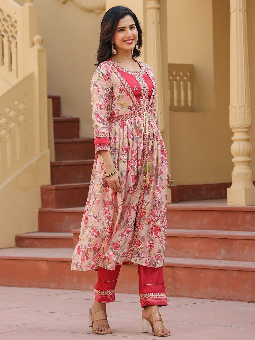 Yufta Pink Embroidered shrug Crop top co ord set
