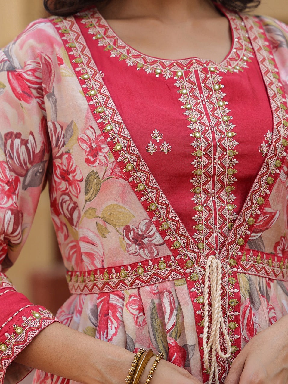 Yufta Pink Embroidered shrug Crop top co ord set