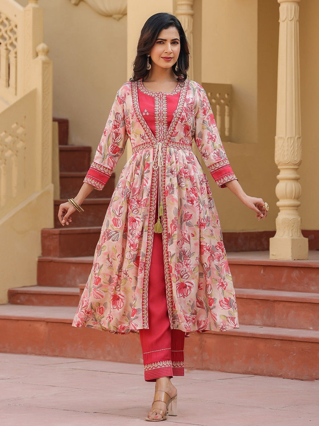 Yufta Pink Embroidered shrug Crop top co ord set
