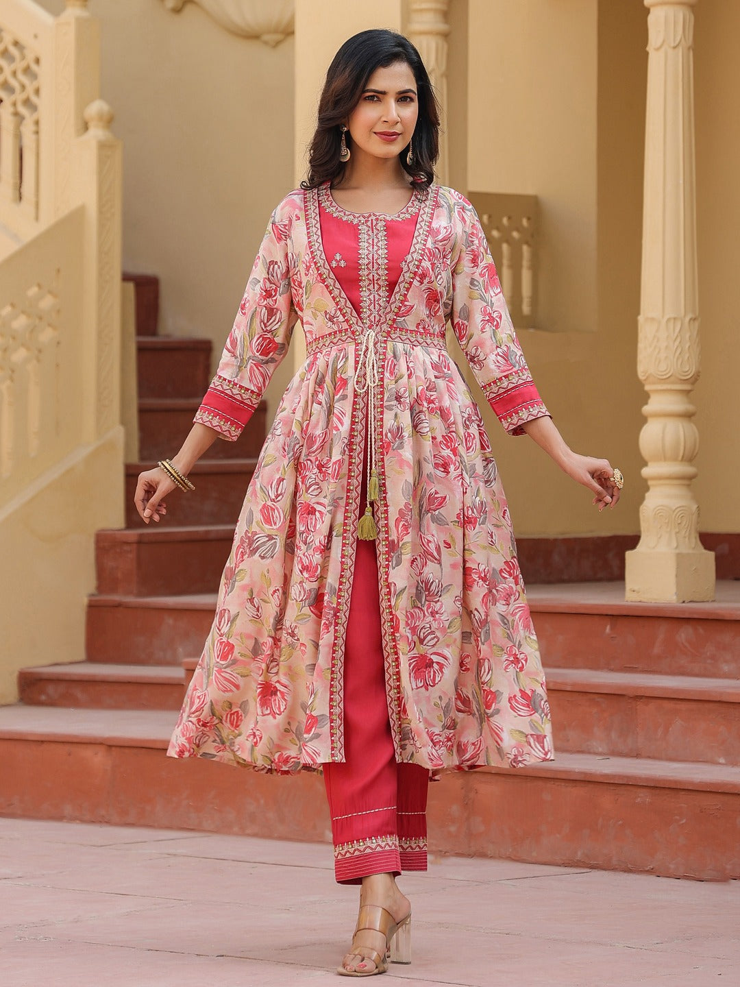 Yufta Pink Embroidered shrug Crop top co ord set