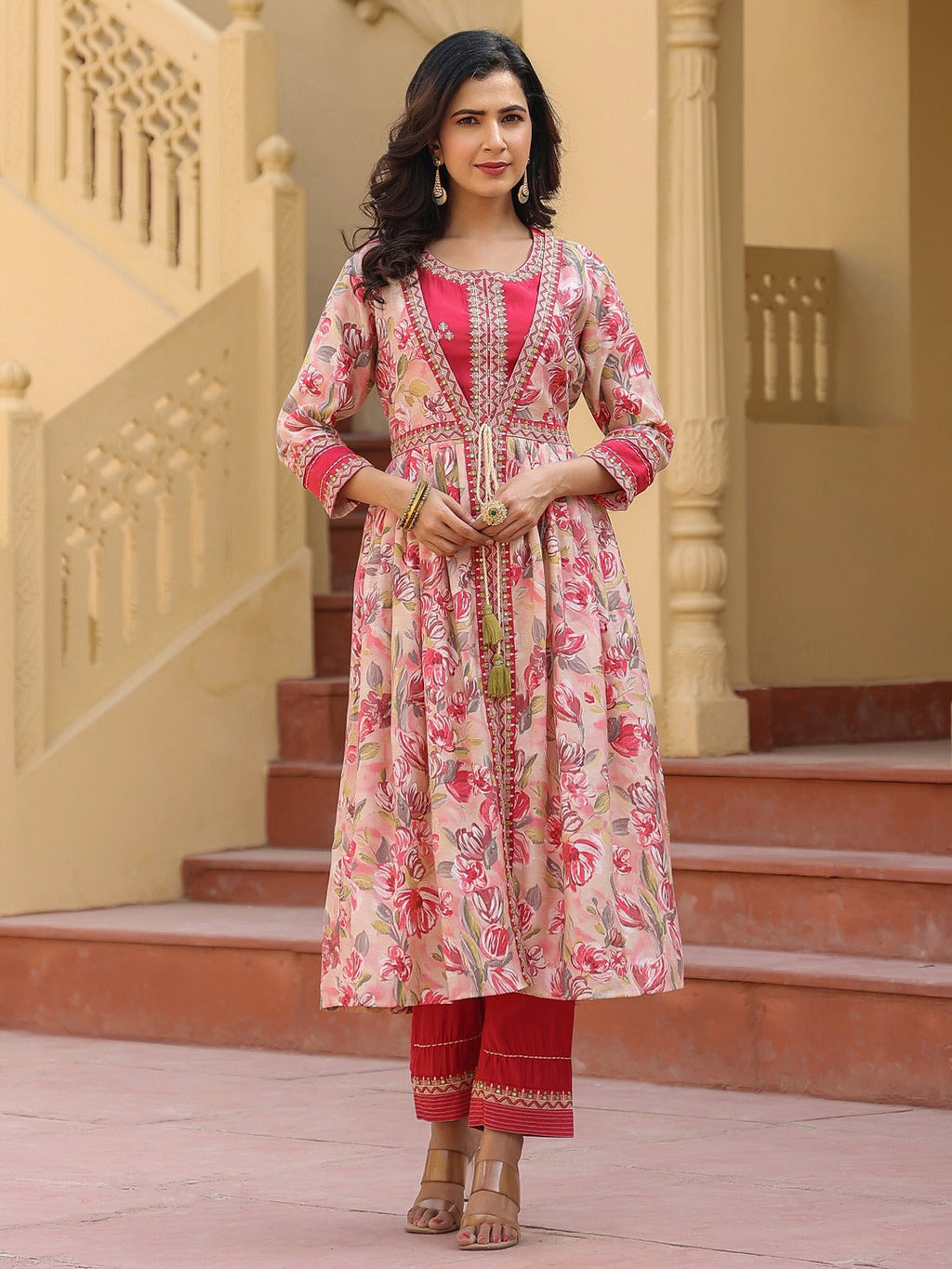 Yufta Pink Embroidered shrug Crop top co ord set