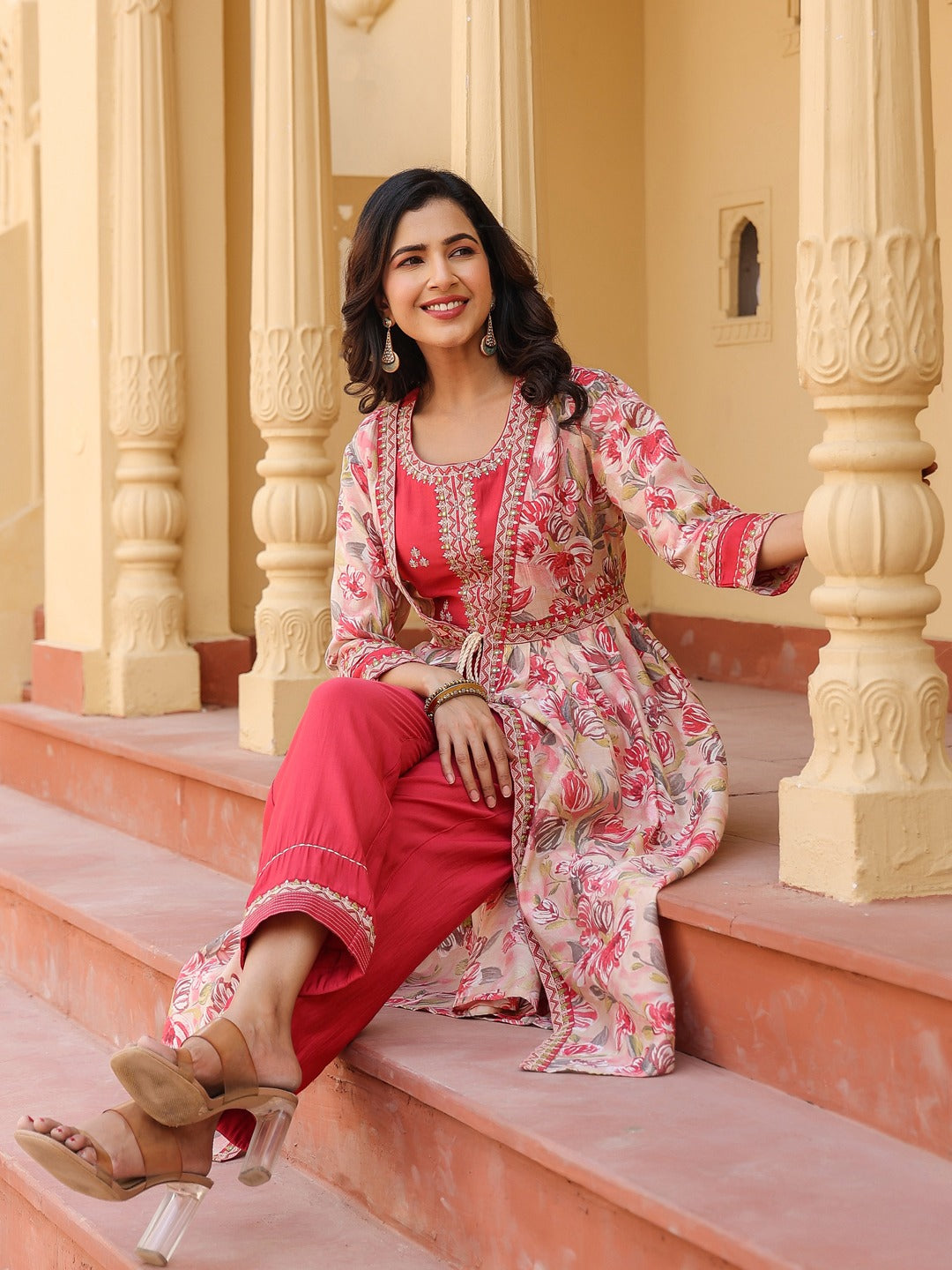 Yufta Pink Embroidered shrug Crop top co ord set