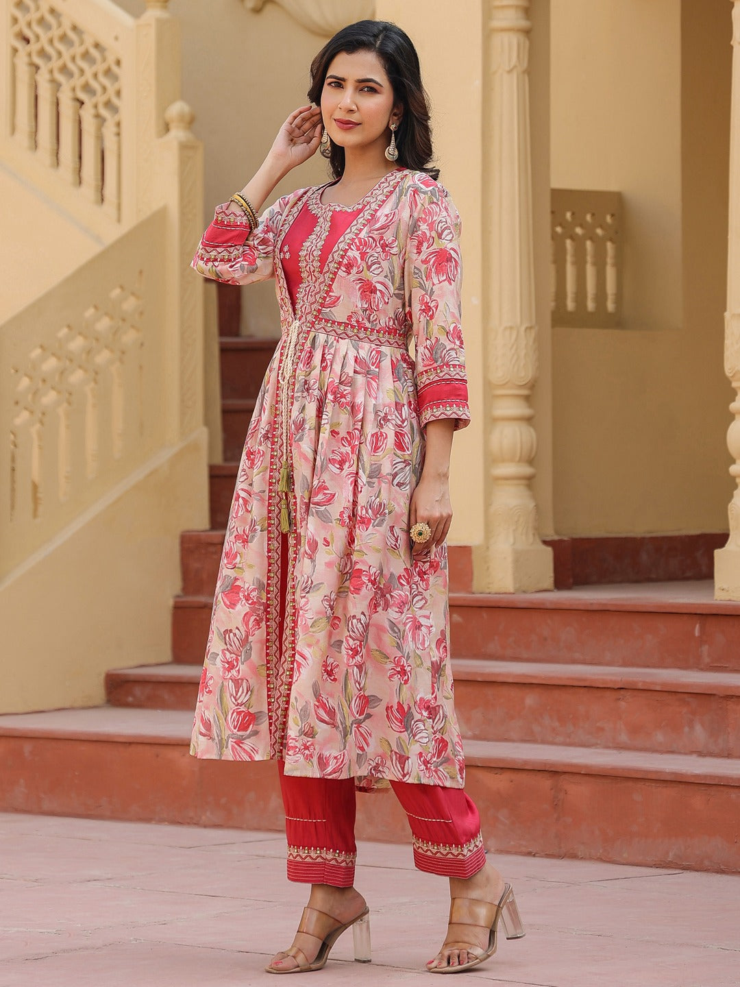 Yufta Pink Embroidered shrug Crop top co ord set