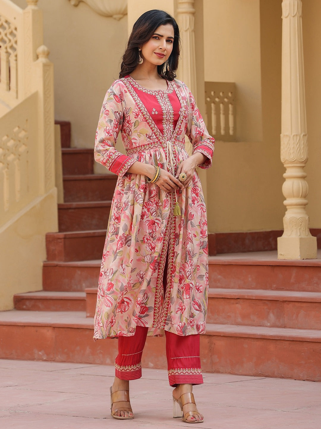 Yufta Pink Embroidered shrug Crop top co ord set