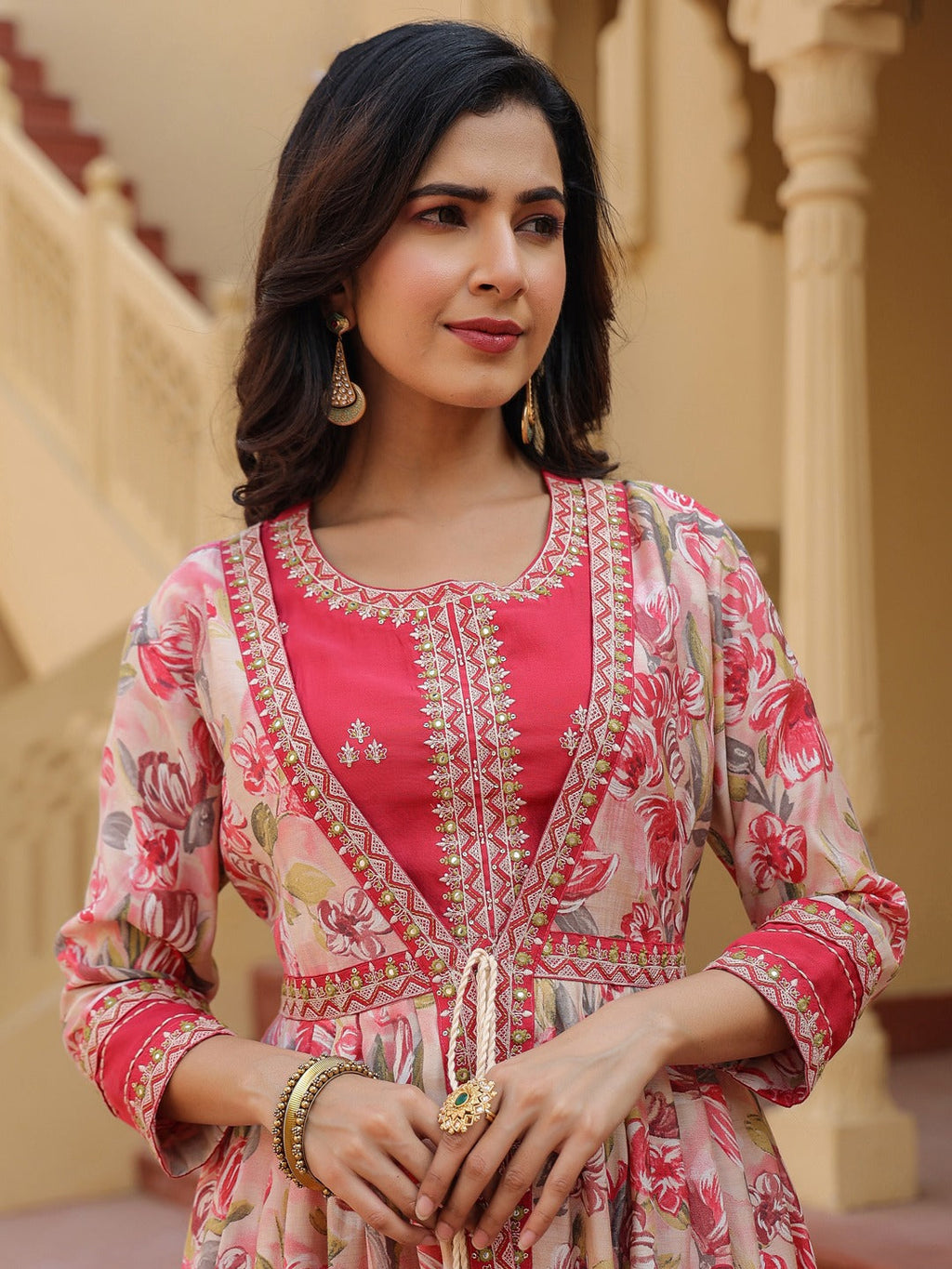 Yufta Pink Embroidered shrug Crop top co ord set