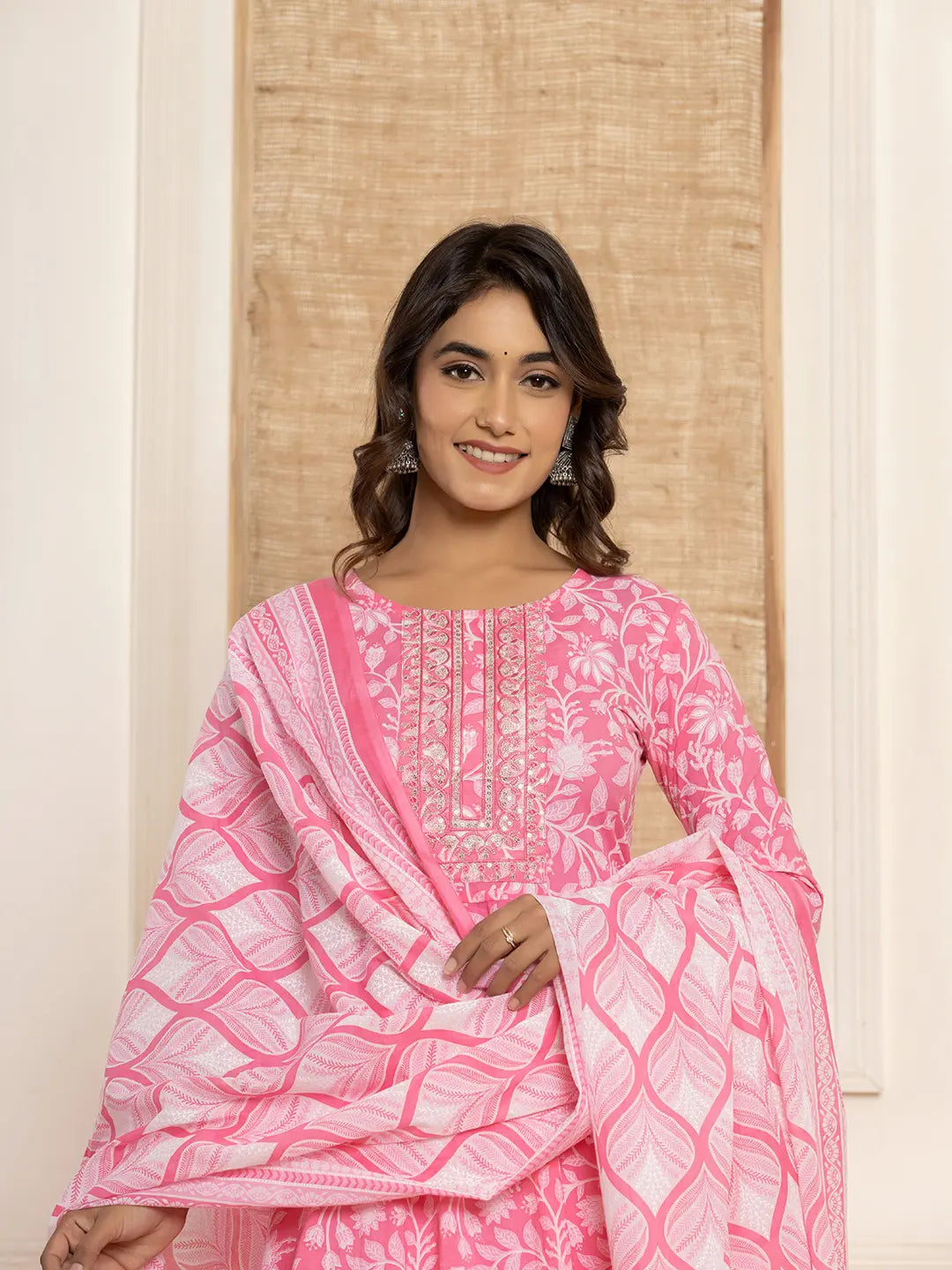 Yufta Pink Floral Print Anarkali Style Kurta And Trousers With Dupatta Set