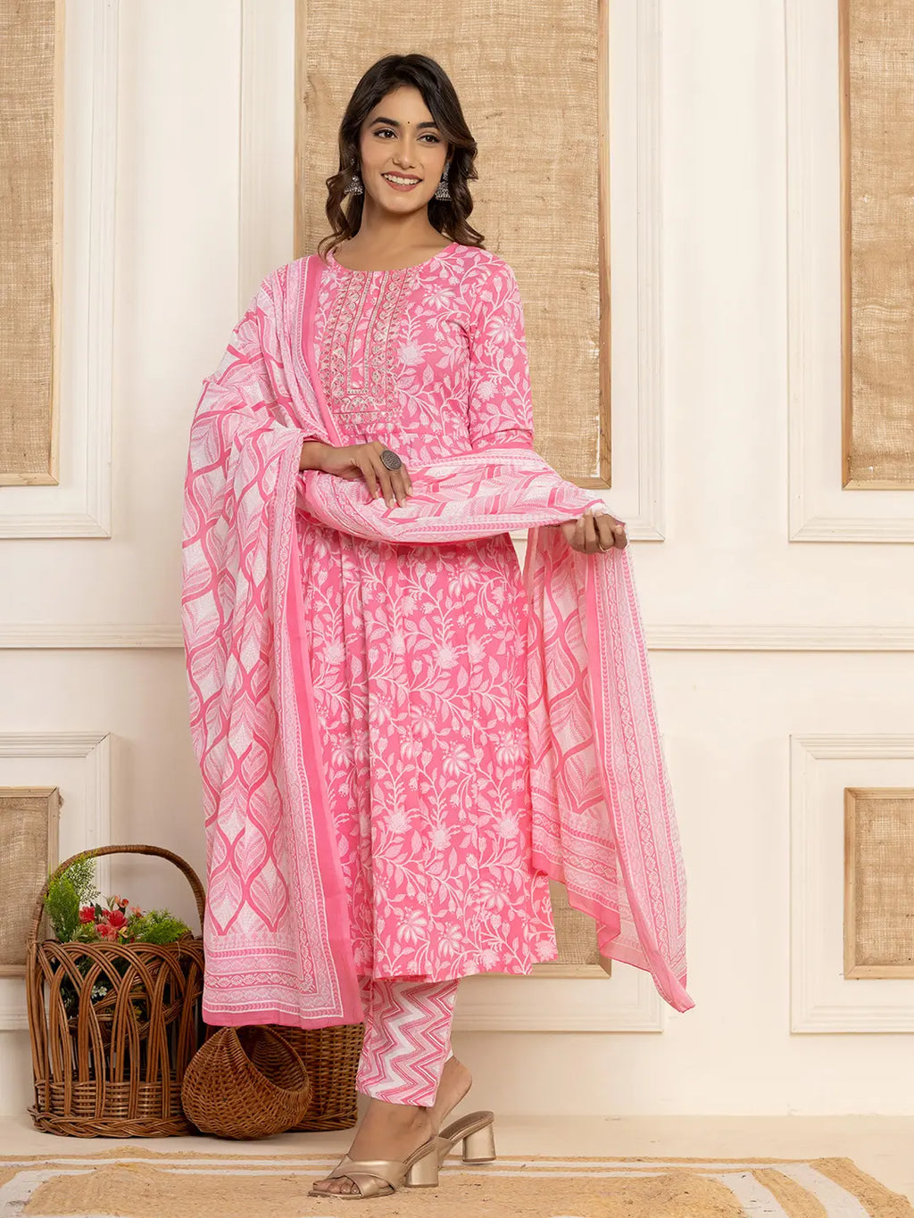 Yufta Pink Floral Print Anarkali Style Kurta And Trousers With Dupatta Set