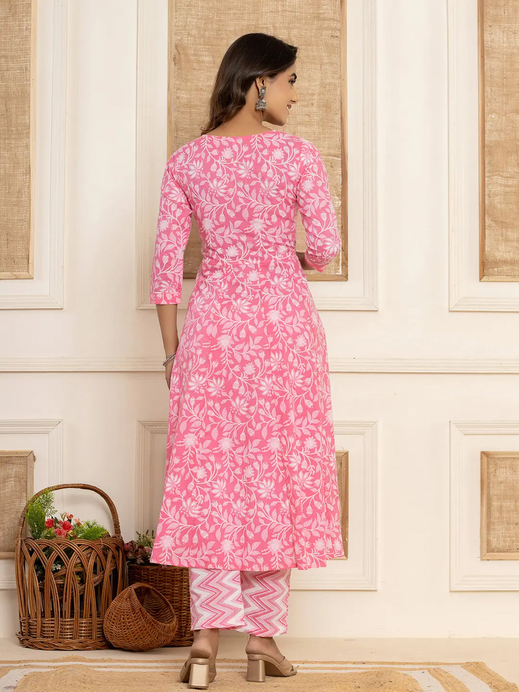 Yufta Pink Floral Print Anarkali Style Kurta And Trousers With Dupatta Set
