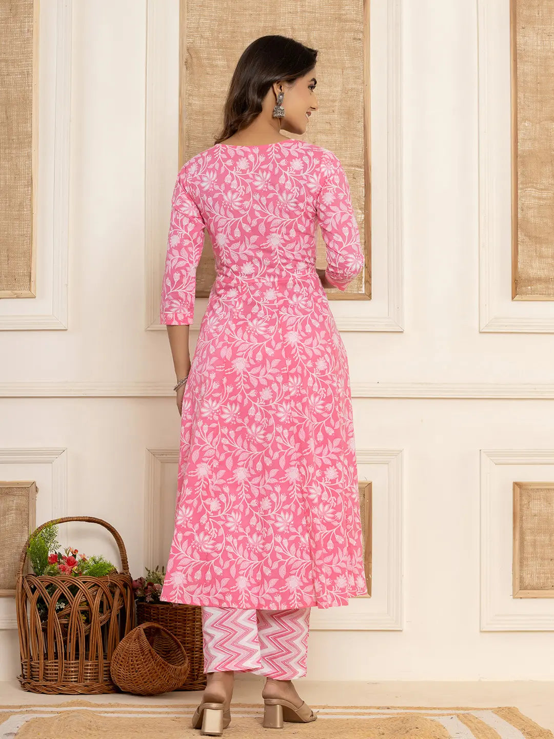 Yufta Pink Floral Print Anarkali Style Kurta And Trousers With Dupatta Set