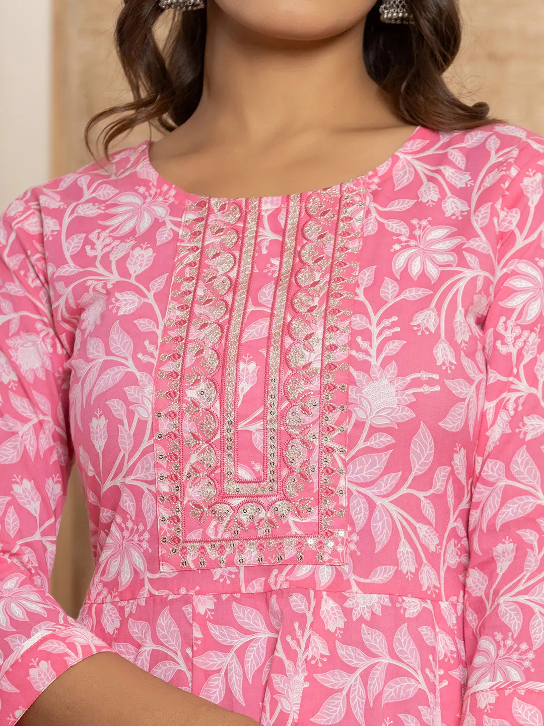 Yufta Pink Floral Print Anarkali Style Kurta And Trousers With Dupatta Set