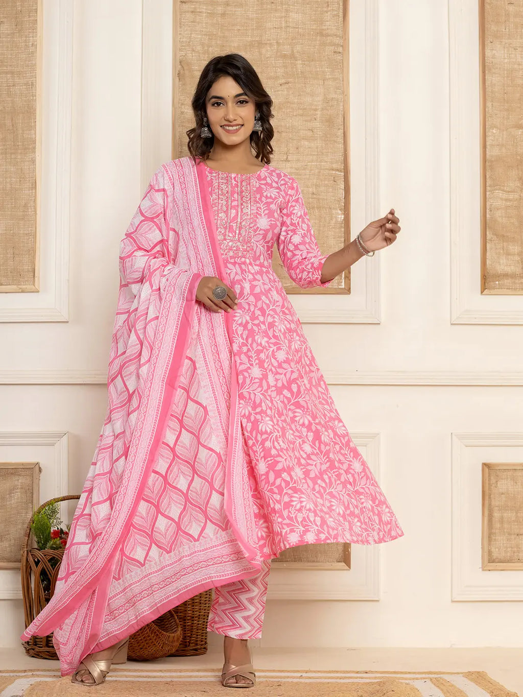 Yufta Pink Floral Print Anarkali Style Kurta And Trousers With Dupatta Set