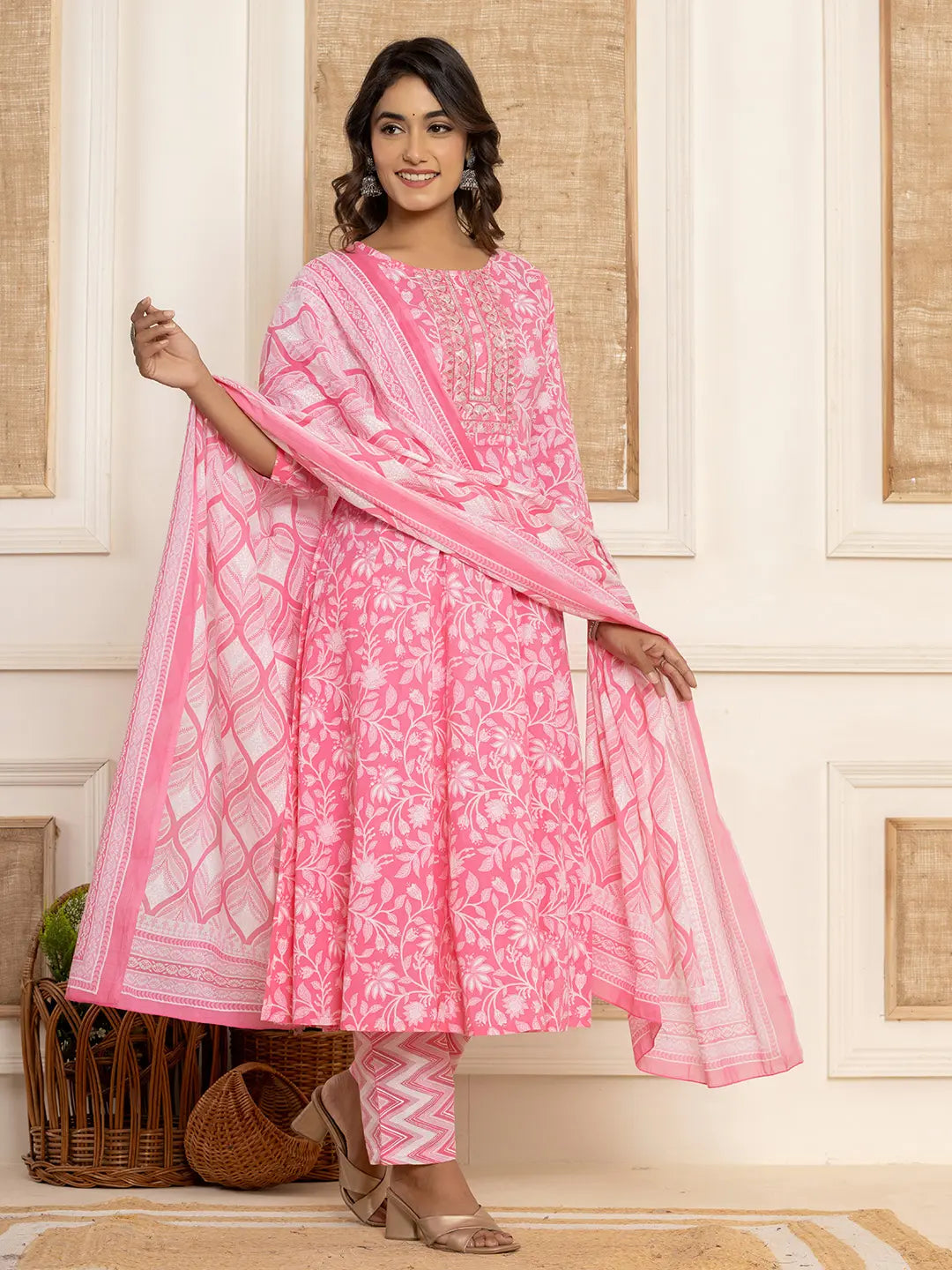 Yufta Pink Floral Print Anarkali Style Kurta And Trousers With Dupatta Set