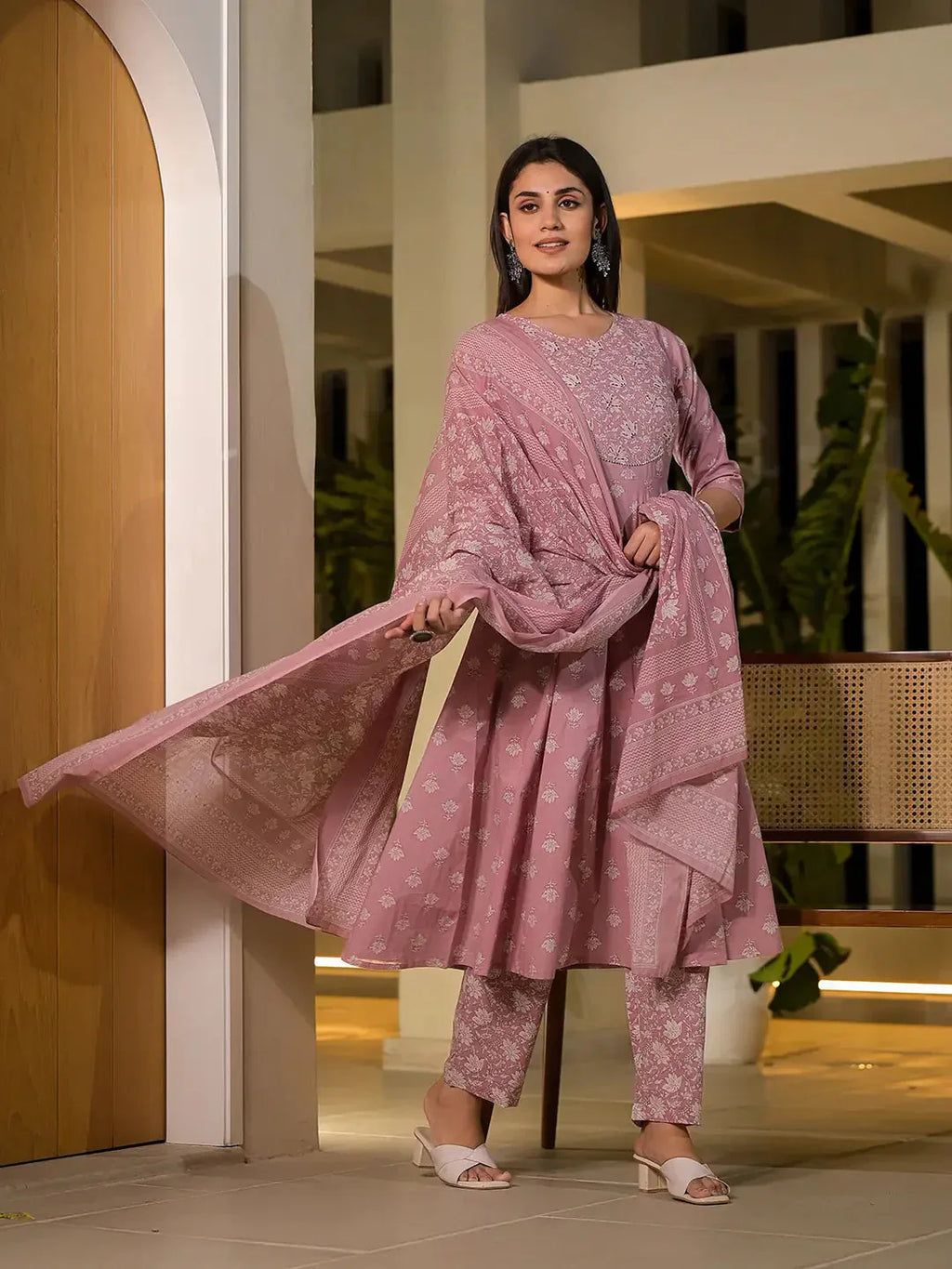 Yufta Pink Floral Print Cotton Anarkali Style Kurta With Trousers With Dupatta Set